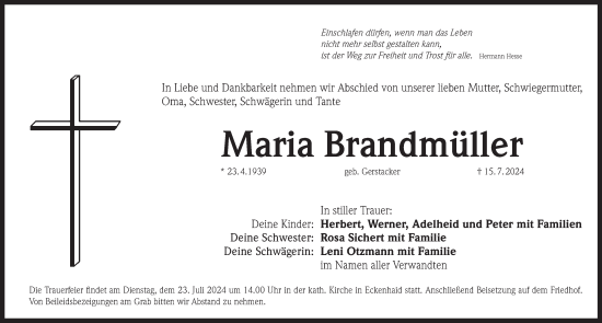 Traueranzeige von Maria Brandmüller von Pegnitz-Zeitung
