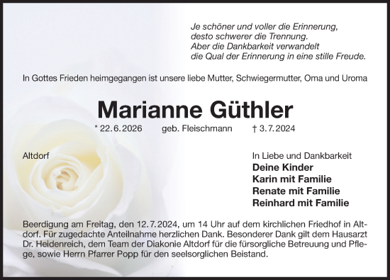 Traueranzeige von Marianne Güthler von Der Bote