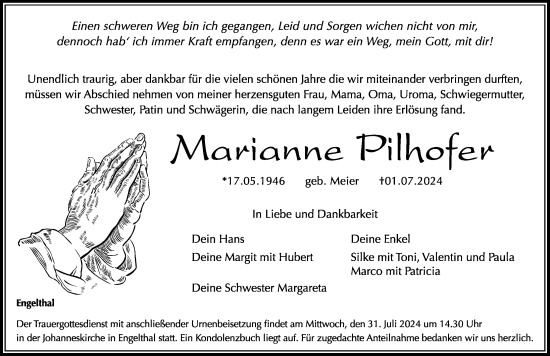 Traueranzeige von Marianne Pilhofer von Hersbrucker Zeitung Lokal