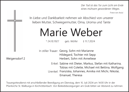 Traueranzeige von Marie Weber von Pegnitz-Zeitung
