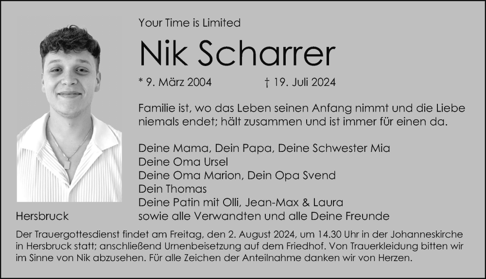  Traueranzeige für Nik Scharrer vom 27.07.2024 aus Hersbrucker Zeitung Lokal