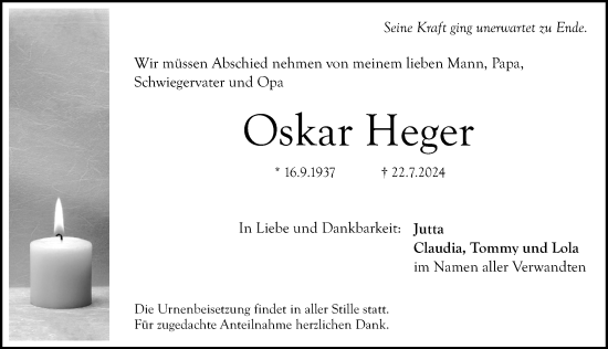 Traueranzeige von Oskar Heger von Pegnitz-Zeitung