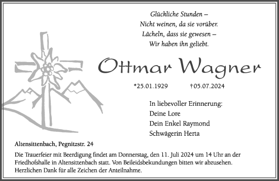 Traueranzeige von Ottmar Wagner von Hersbrucker Zeitung Lokal