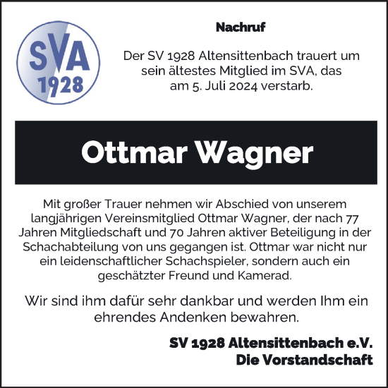 Traueranzeige von Ottmar Wagner von Hersbrucker Zeitung Lokal