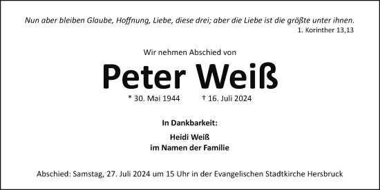 Traueranzeige von Peter Weiß von Hersbrucker Zeitung Lokal
