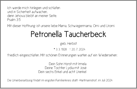 Traueranzeige von Petronella Taucherbeck von Hersbrucker Zeitung Lokal