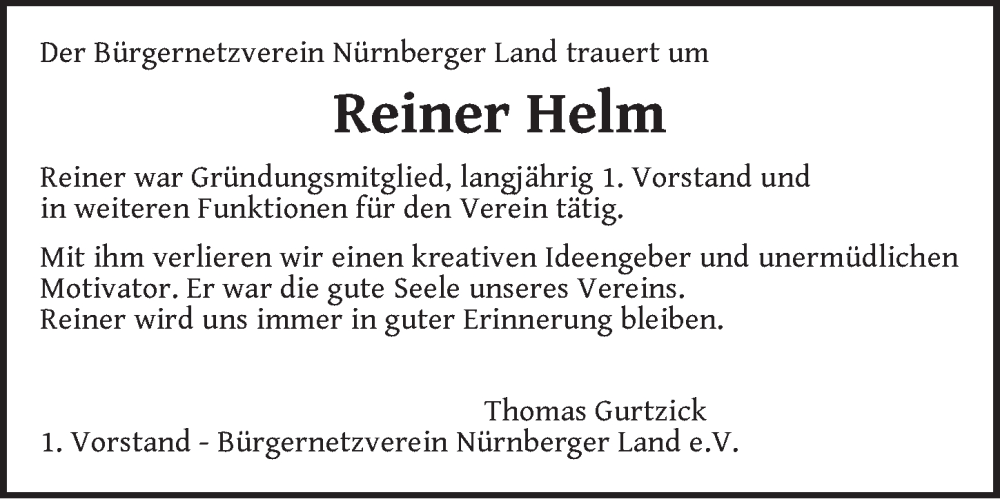  Traueranzeige für Reiner Helm vom 13.07.2024 aus Pegnitz-Zeitung