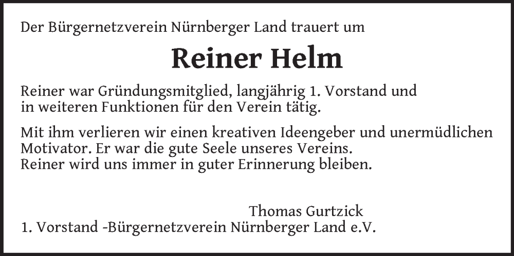  Traueranzeige für Reiner Helm vom 13.07.2024 aus Der Bote