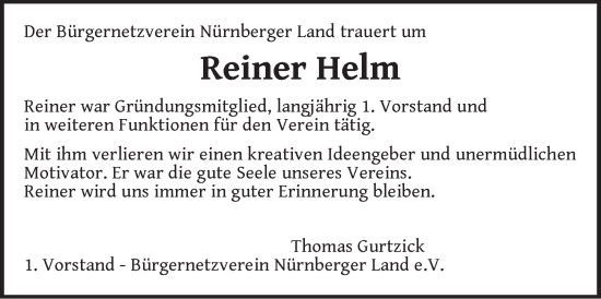 Traueranzeige von Reiner Helm von Pegnitz-Zeitung