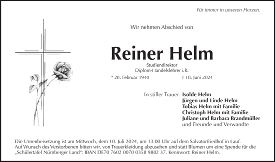 Traueranzeige von Reiner Helm von Pegnitz-Zeitung