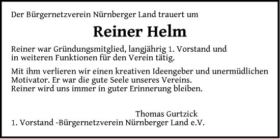 Traueranzeige von Reiner Helm von Hersbrucker Zeitung Lokal