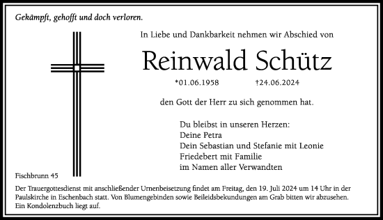 Traueranzeige von Reinwald Schütz von Hersbrucker Zeitung Lokal