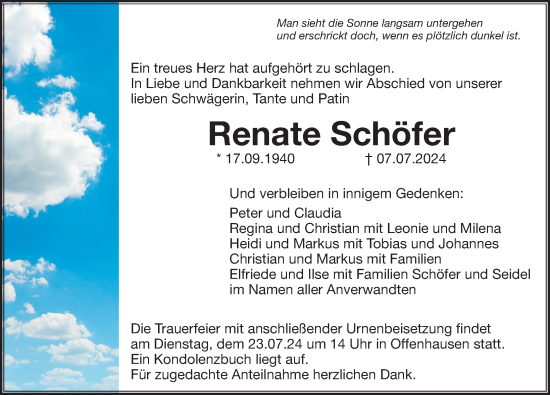 Traueranzeige von Renate Schöfer von Hersbrucker Zeitung Lokal