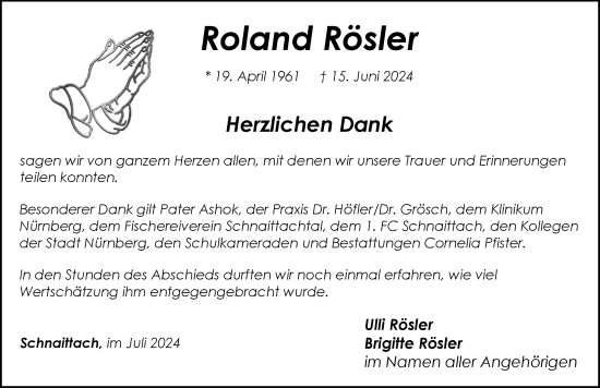 Traueranzeige von Roland Rösler von Pegnitz-Zeitung