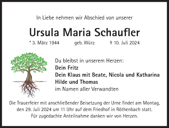 Traueranzeige von Ursula Maria Schaufler von Pegnitz-Zeitung
