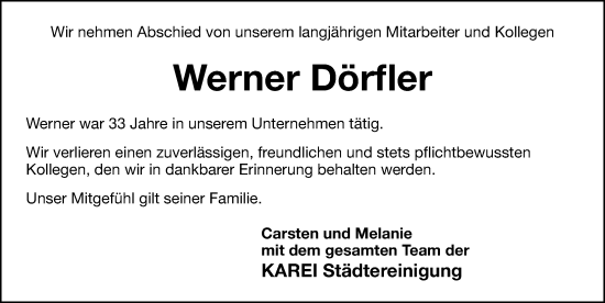 Traueranzeige von Werner Dörfler von Hersbrucker Zeitung Lokal