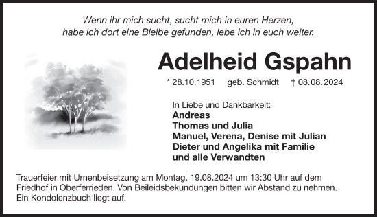 Traueranzeige von Adelheid Gspahn von Der Bote