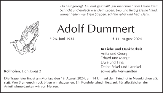 Traueranzeige von Adolf Dummert von Pegnitz-Zeitung
