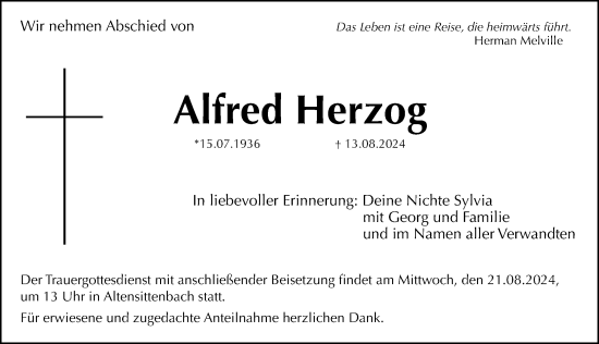 Traueranzeige von Alfred Herzog von Hersbrucker Zeitung Lokal