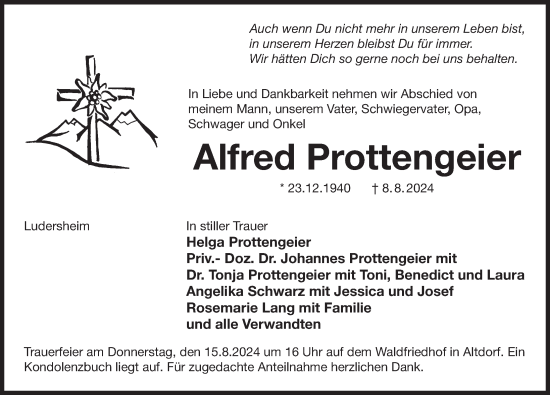 Traueranzeige von Alfred Prottengeier von Der Bote