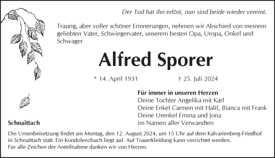 Traueranzeige von Alfred Sporer von Pegnitz-Zeitung