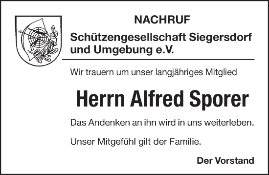 Traueranzeige von Alfred Sporer von Pegnitz-Zeitung