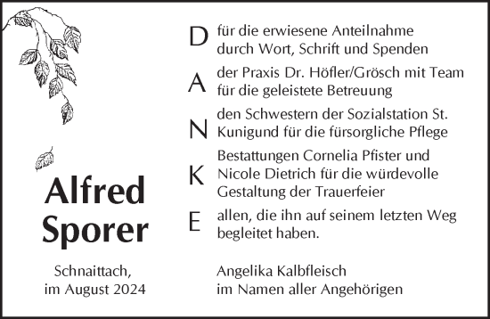 Traueranzeige von Alfred Sporer von Pegnitz-Zeitung