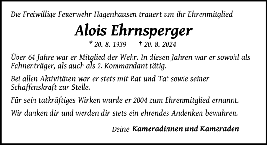 Traueranzeige von Alois Ehrnsperger von Der Bote