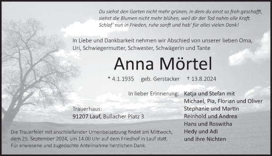 Traueranzeige von Anna Mörtel von Pegnitz-Zeitung