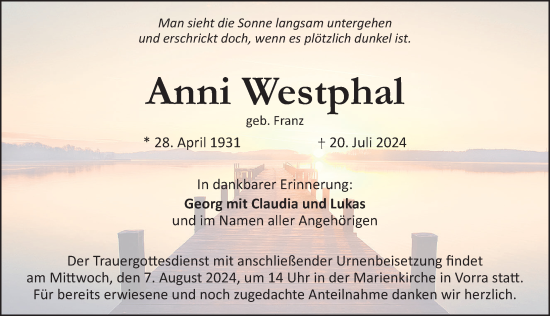 Traueranzeige von Anni Westphal von Hersbrucker Zeitung Lokal