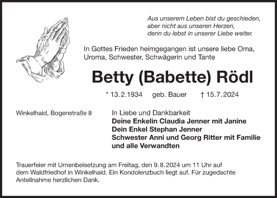 Traueranzeige von Betty Rödl von Der Bote