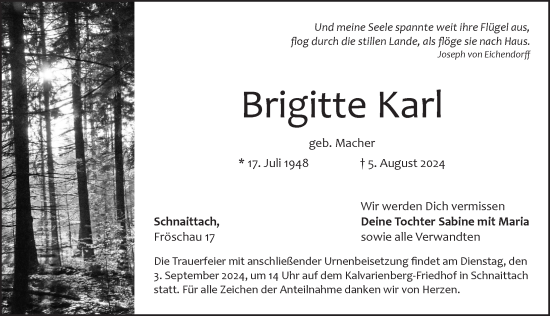 Traueranzeige von Brigitte Karl von Pegnitz-Zeitung