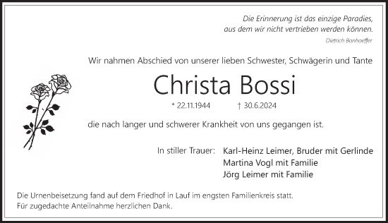 Traueranzeige von Christa Bossi von Pegnitz-Zeitung