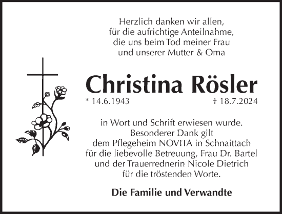 Traueranzeige von Christina Rösler von Pegnitz-Zeitung