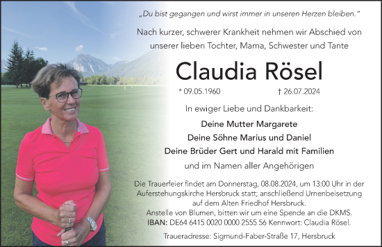 Traueranzeige von Claudia Rösel von Hersbrucker Zeitung Lokal