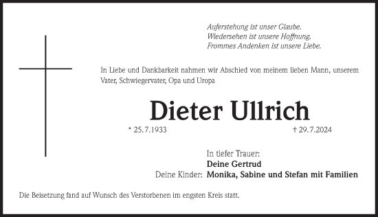 Traueranzeige von Dieter Ullrich von Pegnitz-Zeitung