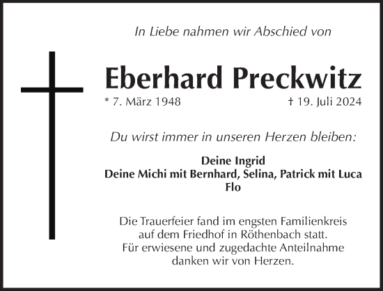 Traueranzeige von Eberhard Preckwitz von Pegnitz-Zeitung