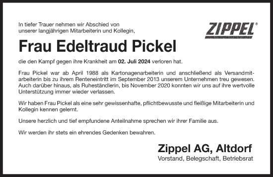 Traueranzeige von Edeltraud Pickel von Der Bote