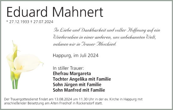 Traueranzeige von Eduard Mahnert von Hersbrucker Zeitung Lokal