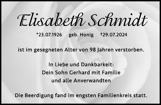 Traueranzeige von Elisabeth Schmidt von Hersbrucker Zeitung Lokal