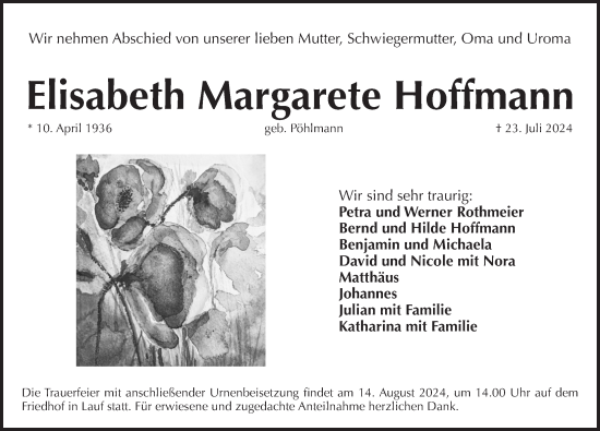 Traueranzeige von Elisabeth Margarete Hoffmann von Pegnitz-Zeitung
