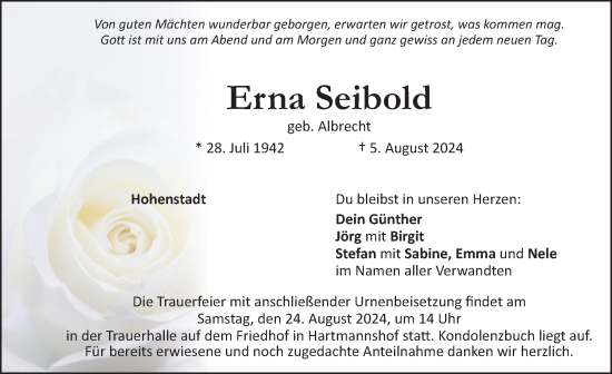 Traueranzeige von Erna Seibold von Hersbrucker Zeitung Lokal