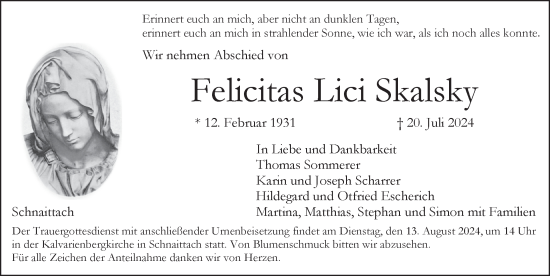 Traueranzeige von Felicitas Lici Skalsky von Pegnitz-Zeitung
