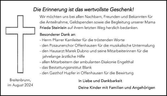 Traueranzeige von Frieda Steinlein von Hersbrucker Zeitung Lokal