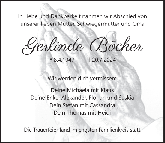 Traueranzeige von Gerlinde Böcker von Pegnitz-Zeitung