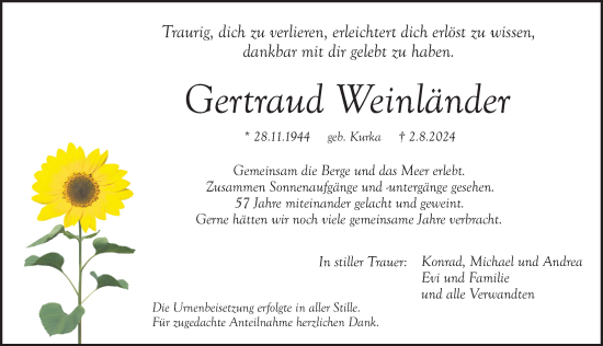 Traueranzeige von Gertraud Weinländer von Pegnitz-Zeitung