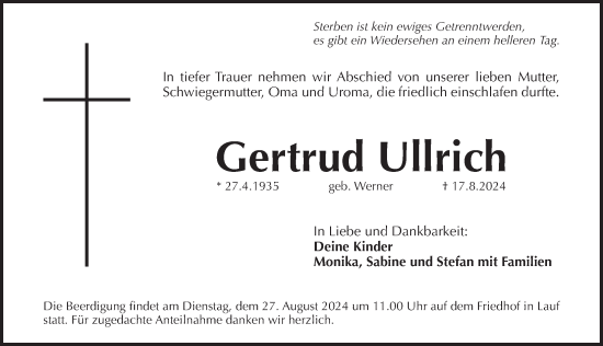 Traueranzeige von Gertrud Ullrich von Pegnitz-Zeitung