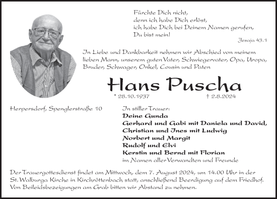 Traueranzeige von Hans Puscha von Pegnitz-Zeitung