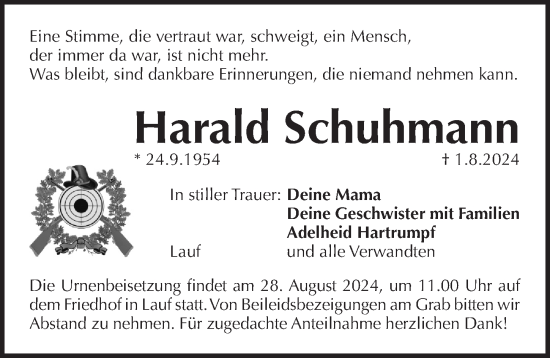 Traueranzeige von Harald Schuhmann von Pegnitz-Zeitung