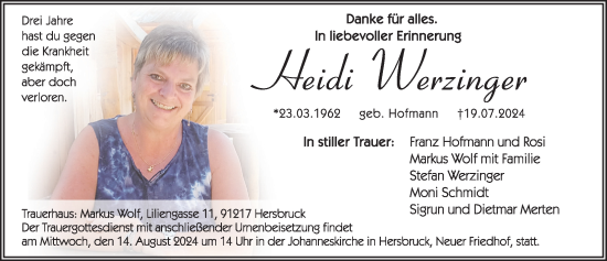 Traueranzeige von Heidi Werzinger von Hersbrucker Zeitung Lokal